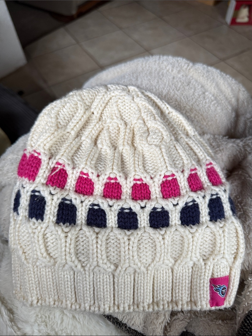 NFL Ivory Cable Knit Beanie with Pink & Navy Accents